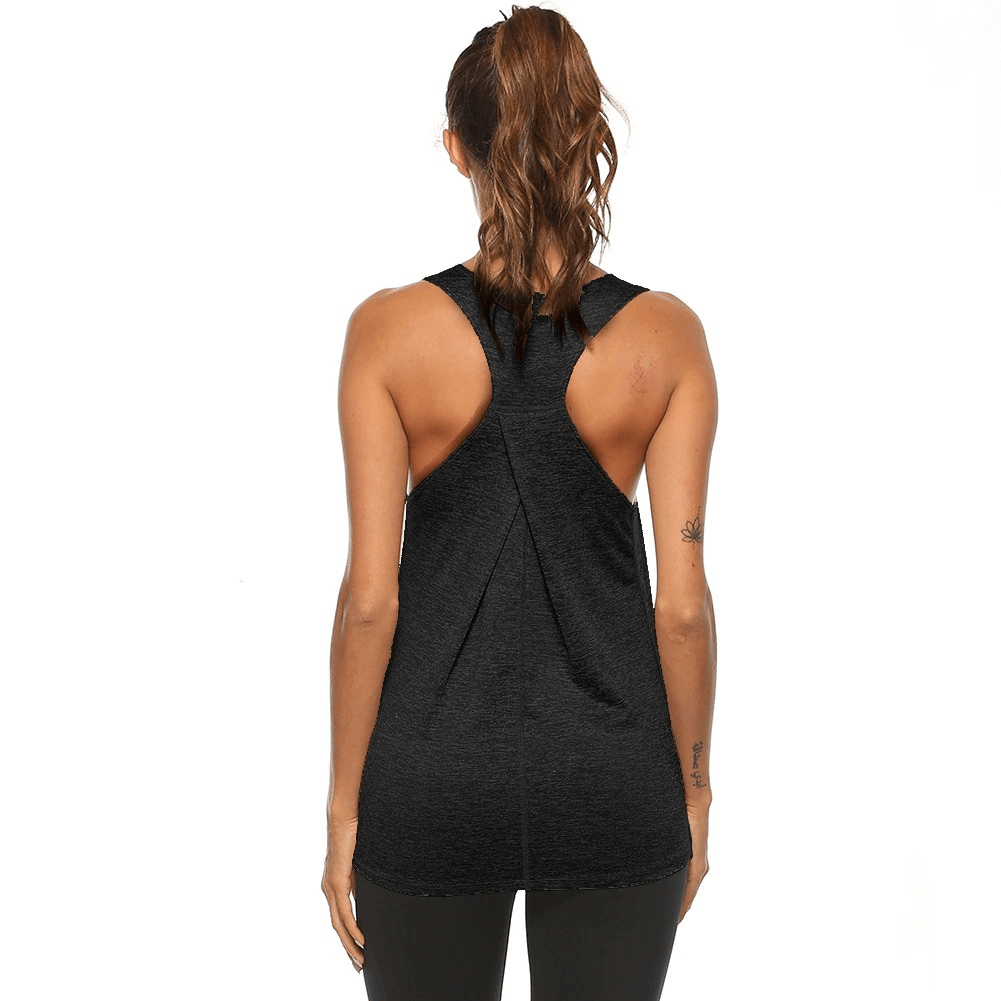 Back view of woman wearing a black sleeveless fitness top with racerback design, perfect for yoga and workouts, moisture-wicking fabric.